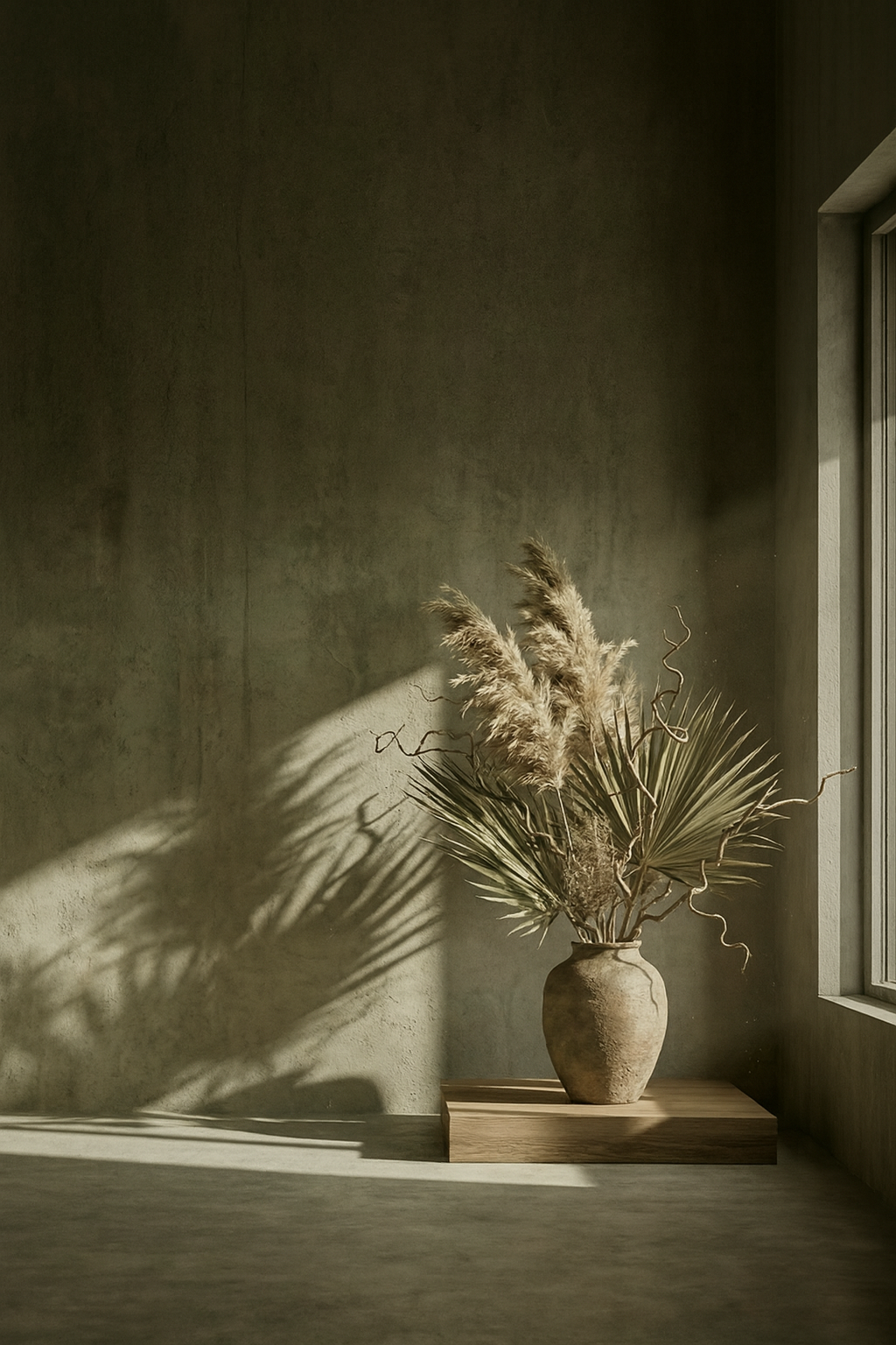 コンクリートの部屋に一壺の植物が殺風景に置かれている