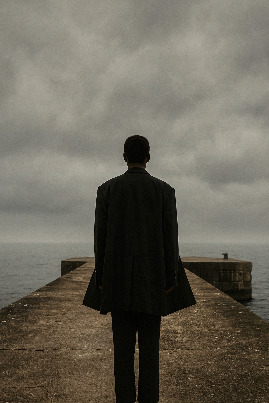 後ろ姿のコートを着た男性が堤防で佇んでいる姿